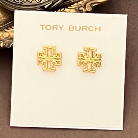 TORY BURCH • Gold Mini Britten Cut Out Logo Earrings - Picture 5 of 5
